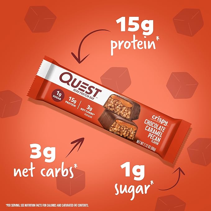 Quest Nutrition Crispy Chocolate Caramel Pecan Hero Protein Bar 15g Protein 1g Sugar 3g Net Carb &amp Lemon Cake Protein Bars High Protein Low Carb Gluten Free 12 Count