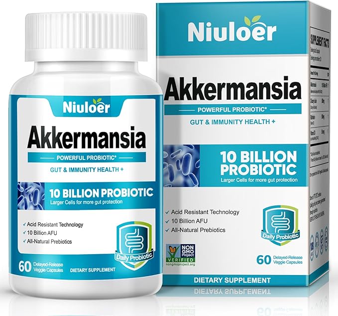 Akkermansia Probiotic Probiotics for Women &amp Men - 10 Billion AFUs + Organic Prebiotics Digestive Gut Immune &amp Overall Health Enhances Gut Digestive Lining Function (60 Capsules 1-Pack)