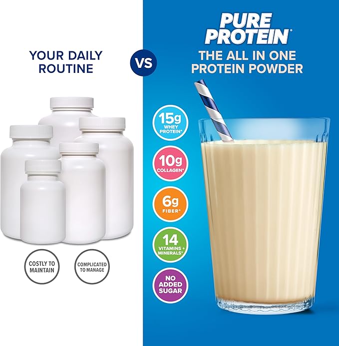 Pure Protein All-In-One Powder Vanilla - Whey &amp Collagen High Fiber Vitamins No Added Sugar Non-GMO Gluten-Free 1.25lb