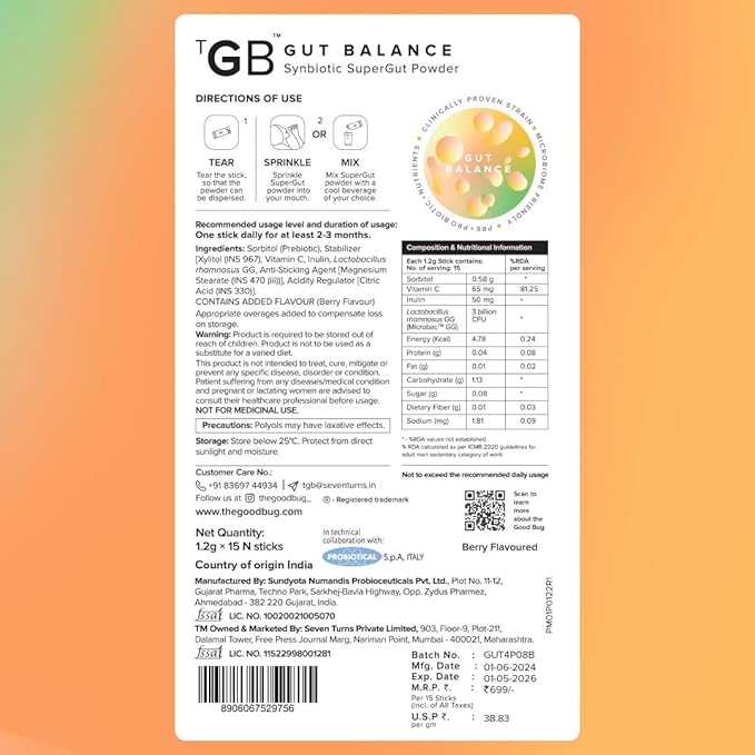 Gut Health &amp Immunity Probiotic for Men &amp Women Strong Digestive &amp Immunity Support Gut Balance Supplement Stick - Probiotics + Inulin + Vitamin C 3Bn CFU of Clinically Proven Strains - 6