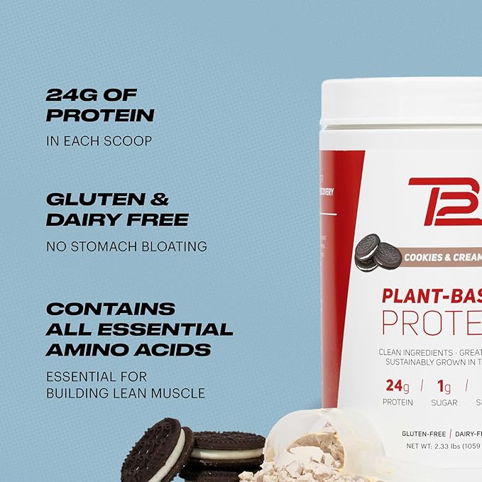 TB12 Plant Based Protein Powder by Tom Brady 24g of Vegan Pea Protein Low Sugar Low Carb Non-GMO Meal Replacement Keto Friendly Paleo Sugar Free Cookies and Cream Flavor (30 Servings)