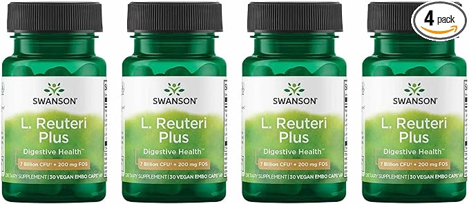 Swanson L. Reuteri Probiotic Plus with L. Rhamnosus L. Acidophilus &amp FOS Prebiotic for Gut-Health-Conscious Adults - 7 Billion CFU (30 Vegan Capsules 4 Pack)