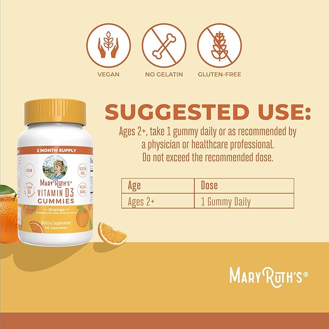 MaryRuth Organics Vitamin D3 Gummies | 2 Month Supply | Adults &amp Kids Vitamin D Gummy | Immune Support Supplement | VIT D3 1000IU for Bone Health&ampMuscle Function | Vegan | Non-GMO | Gluten Fre
