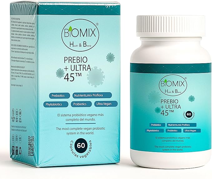 BIOMIX HEALTH &amp BEAUTY PREBIO+ Ultra 45 Vegan Probiotic 45 Billones CFU con Prebióticos Cúrcuma y Jengibre Cápsulas de Liberación Retardada DRcaps Sin Gluten 60 Capsules