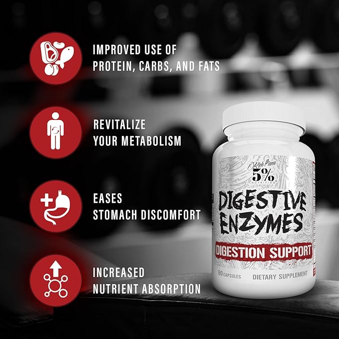 5% Nutrition Rich Piana Digestive Enzymes w/Vitamin B Complex | Enzymes for Protein Carb Fat Fiber &amp Lactose Breakdown | Betaine Bromelain Papain (Papaya) Lipase Lactase 60 Veg Caps (30 Sv