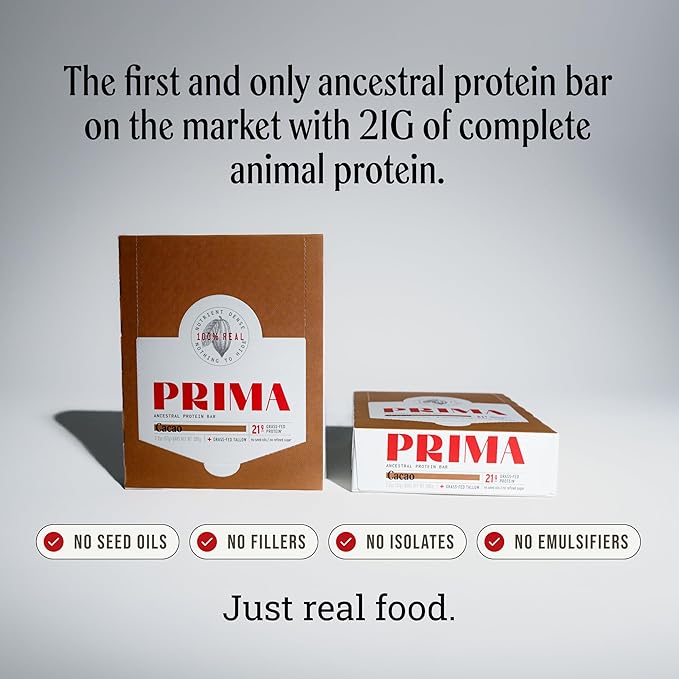 PRIMA ANCESTRAL PROTEIN BAR Grass Fed Protein Bars - 21G Protein – Animal-Based Protein Bar with Beef Tallow Raw Honey Seed Oil Free Low Carb Gluten-Free – Cacao - 7 Pack
