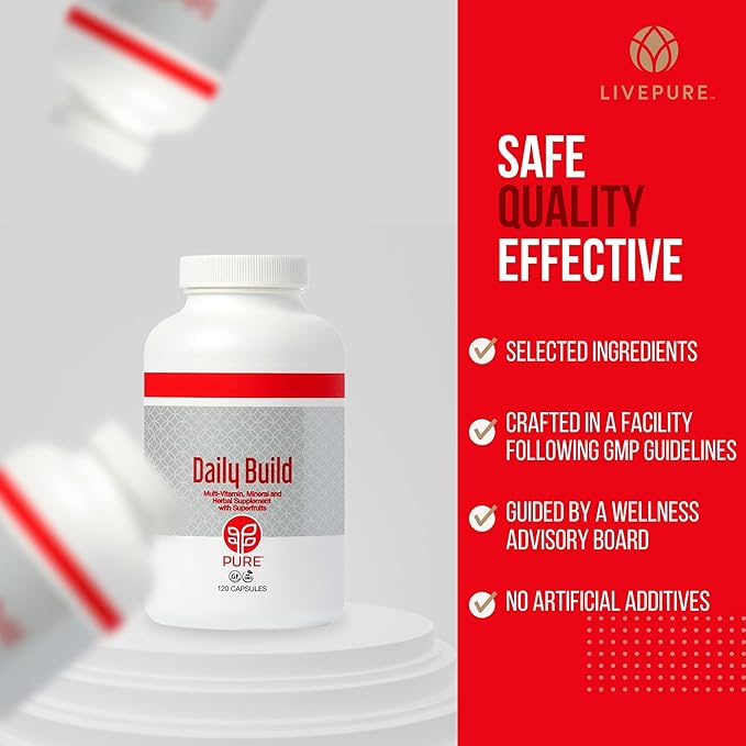 PURE Daily Build | 120 Capsules | Advanced Multivitamin Supplement | Enhanced with Essential Vitamins Minerals and Superfruits for Immune Support | Heart Health Bone Strength Brain Functionality
