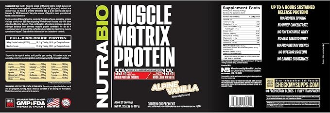 NutraBio Muscle Matrix Protein Powder - 25g of Protein Per Scoop - Whey Isolate and Micellar Casein Combo for Fast and Slow Release - Vanilla - 2 Pounds 28 Servings
