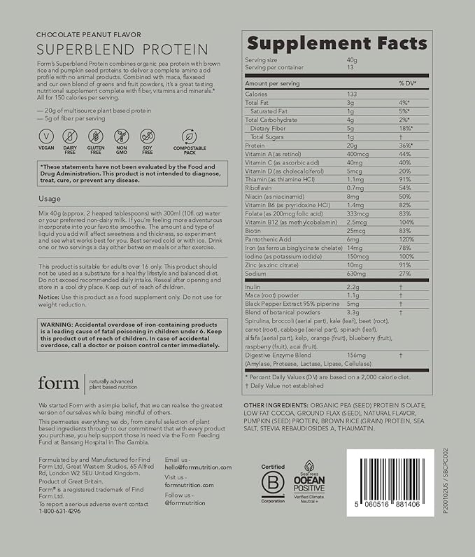 Form Superblend Protein - Vegan Protein Powder with Superfoods Vitamins and Minerals - 20g of Plant Based Protein per Serving (Chocolate Peanut)