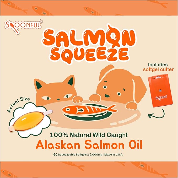 Spoonful Salmon Squeeze - 100% Natural Wild-Caught Alaskan Salmon Oil – 2000 mg Omega-3 Softgel 60 Squeezeable Softgels | DHA EPA &amp Natural Astaxanthin Non-GMO Sustainable Made in USA (60)