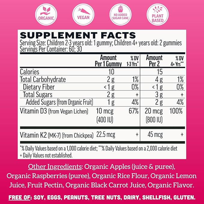 Llama Naturals Kids Vitamin D3 K2 Gummies Vegan Organic Children Toddler Vitamin D Gummies Real Fruit Gummy Vitamins No Added Sugar Cane Raspberry 60 Ct