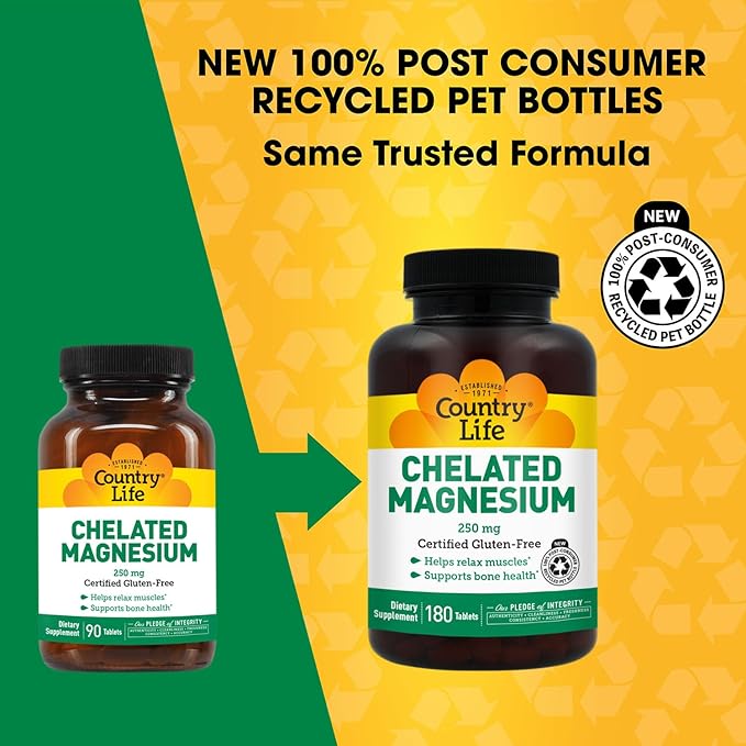Country Life Chelated Magnesium 250mg - Supports Heart Bone &amp Muscle Health Vegan-Friendly Magnesium Supplement with Magnesium Oxide and Amino Acid Chelate Gluten-Free