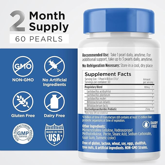 Earth's Pearl Probiotics for Women &amp Men &amp Kids - Pearl-Shaped Probiotic &amp Prebiotics with BIO-Tract® 4 Billion CFU Gut Health Support (60-Day Supply)