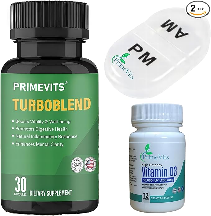 TurboBlend &amp Vitamin D3 50000IU – Energy Boosting Immune Support Supplement with 30 Capsules + 12 Tablets for Overall Body Strength &amp Vitality.