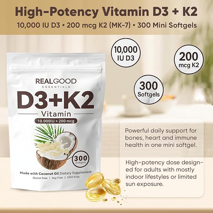 Real Good Essentials Vitamin D3 K2 RealGood Essentials D3+K2 (MK7) Coconut Oil 300 Softgels with Vitamins D &amp K 10000 Iu Supports Calcium Absorption Bone Immune.(1)