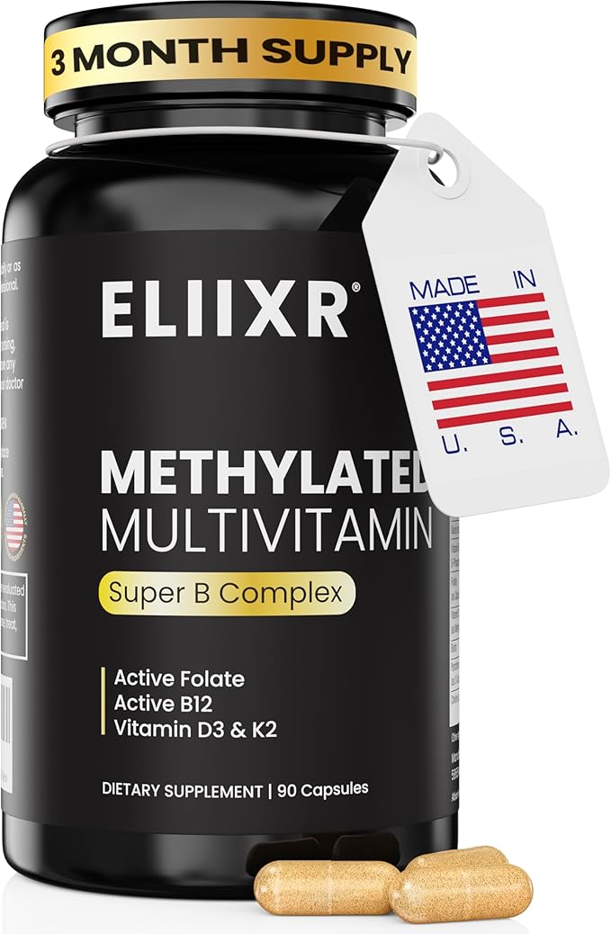 Eliixr Methylated Multivitamin 3 Month Supply 90 Capsules1500 mcg of Active Folate Methylated B12 Vitamin A C K2 D3 E Choline Biotin ALA CoQ10 B-Complex and More. Made in The USA