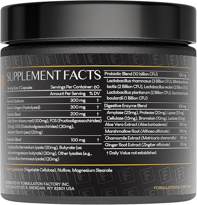 Formulation Factory Gut Intellect 10-in-1 Microbiome Supplement Prebiotics Probiotics Postbiotics Colostrum Collagen Aloe Vera Chamomile Ginger Enzymes Digestive 240 Caps (2 Pack)