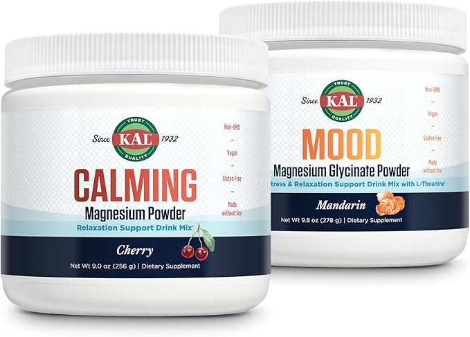 KAL Calming and Mood Magnesium Powders Bundle - Cherry and Mandarin Flavor - Relaxation Support Enhanced Absorption No Added Sugar Vegan Gluten Free - 40 Servings Each 9 and 9.5 OZ