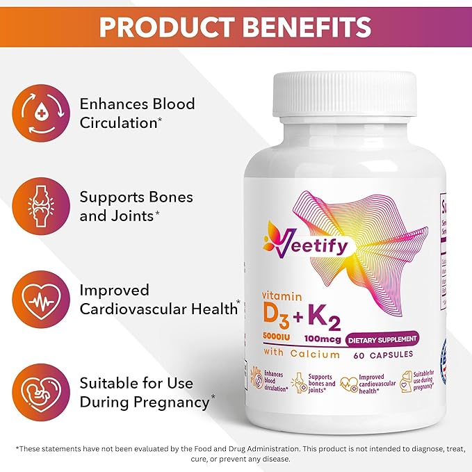 Vitamin D3 (5000 IU) + K2 (100 mcg as MK-7) with Calcium – High Absorption Supplement for Bone Heart &amp Immune Health – 60 Veggie Capsules