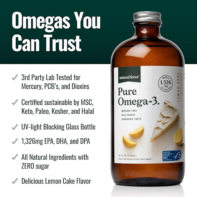 Natural Force Pure Omega 3 - Liquid Fish Oil - Delicious Lemon Cake Flavor - Mercury Free Wild Caught Lab Tested - 1326 mg Triglyceride EPA DHA &amp DPA - 16 Oz Glass Bottle