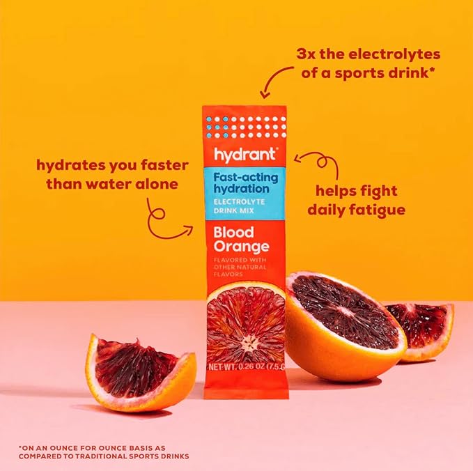 Hydrant - Hydration Powder Blood Orange Flavor 30 Individual Instant Electrolyte Rehydration Packets - Low Sugar Drink Mix for Daily Use Travel &amp Workouts