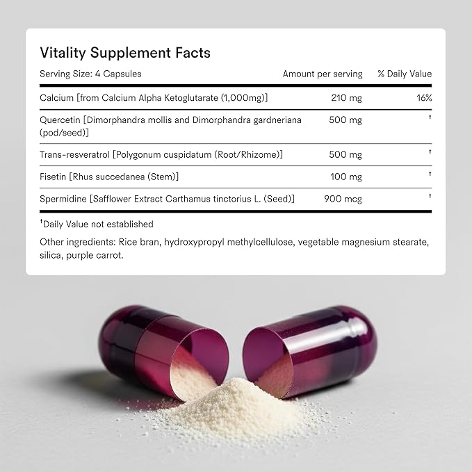 Tally Health Vitality Longevity Formula – Spermidine + Fisetin + Quercetin + Resveratrol + Calcium Alpha-Ketoglutarate | Supports Cellular Renewal Healthy Aging Energy &amp Autophagy | 120 Capsules