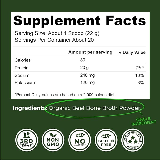 16oz Organic Bone Broth Protein Powder from Grass Fed Beef - USDA Certified Organic Single Ingredient Rich in Collagen Glucosamine No Additives Perfect for Carnivore Paleo and Keto Diets