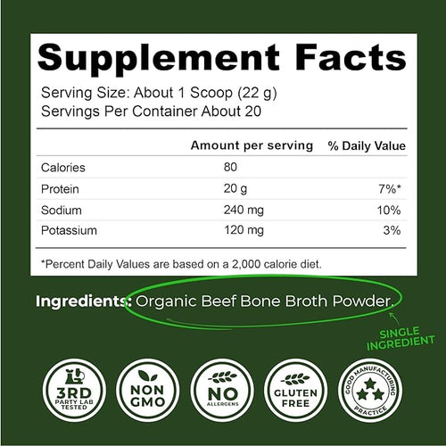 16oz Organic Bone Broth Protein Powder from Grass Fed Beef - USDA Certified Organic Single Ingredient Rich in Collagen Glucosamine No Additives Perfect for Carnivore Paleo and Keto Diets