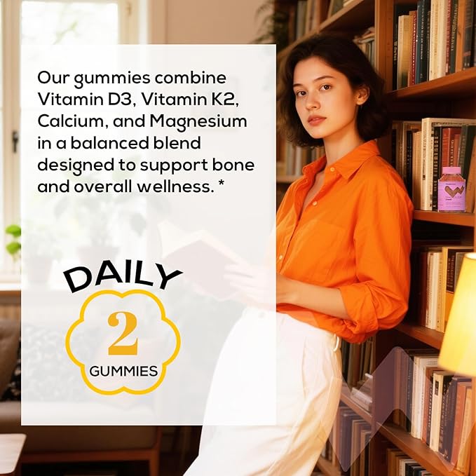 Wondermoon Vitamin D3 K2 Gummies for Women with Calcium &amp Magnesium – Supports Bone Teeth &amp Muscle Function – Daily Wellness Support – Orange Flavor 60 Count