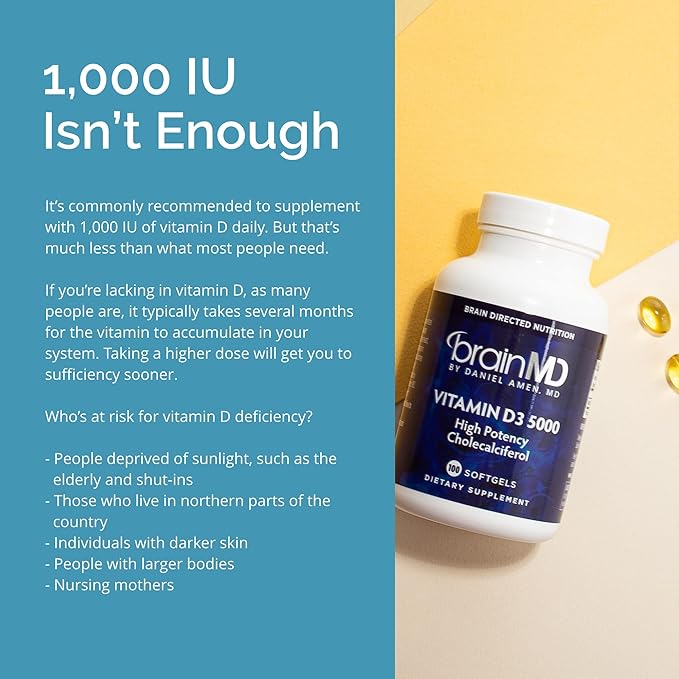 BRAINMD Dr Amen Vitamin D3 5000 100 Softgels - High Potency Cholecalciferol - Gluten Free - 100 Servings