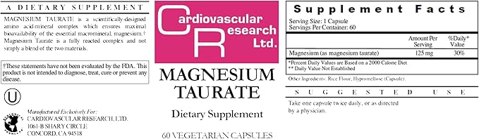 Cardiovascular Research Magnesium Taurate 125 mg New Tamper Resistant Store and Ship Packaging 60 Count