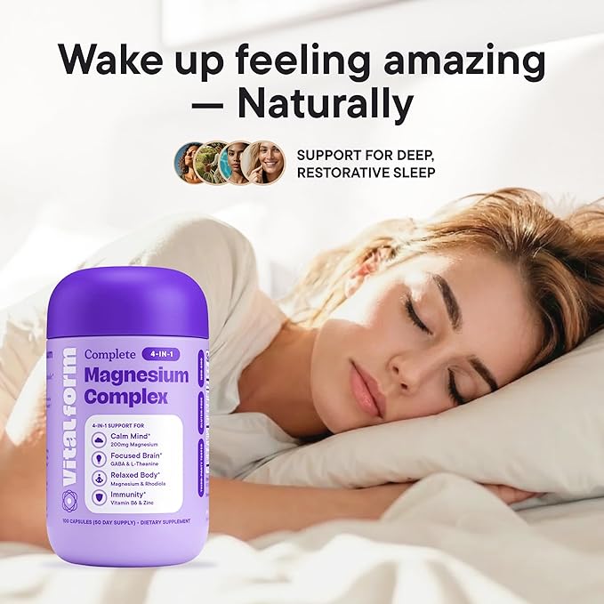 Magnesium Glycinate Sleep Complex – Non-Habit Forming Support with L-Theanine GABA Zinc &amp Rhodiola – Promotes Relaxation Calm &amp Muscle Recovery – Non-Melatonin – 100 Capsules