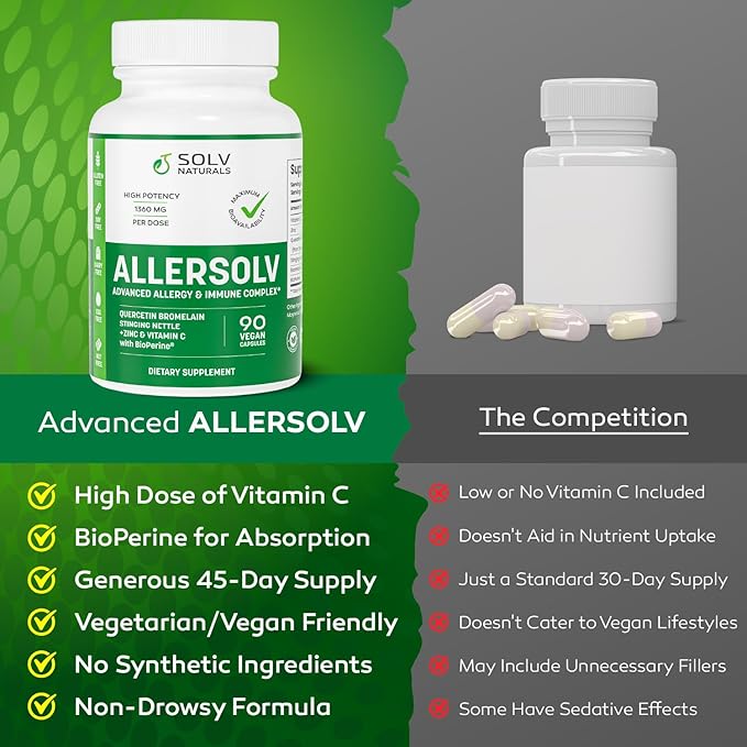 ALLERSOLV Quercetin with Bromelain Advanced Allergy and Immune Complex Non-GMO with Vitamin C and Zinc Stinging Nettle Leaf 500mg Natural Allergy Supplements 90 Veggie Capsules