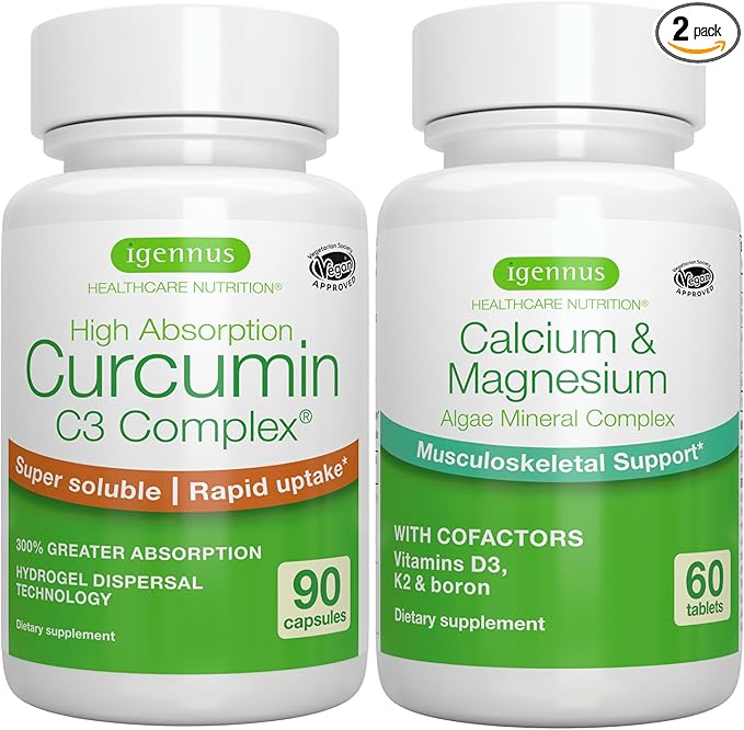 Algae Calcium &amp Magnesium Complex + High Absorption Curcumin C3 Complex Vegan Bundle for Bones Joints &amp Recovery from Exercise by Igennus