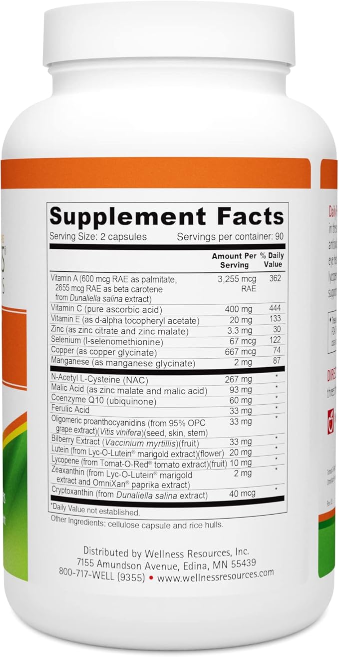 Wellness Resources Daily Protector Eye &amp Immune - Lutein Lycopene Zeaxanthin Cryptoxanthin Bilberry and More for Eye Immune and Skin Health (180 Capsules)