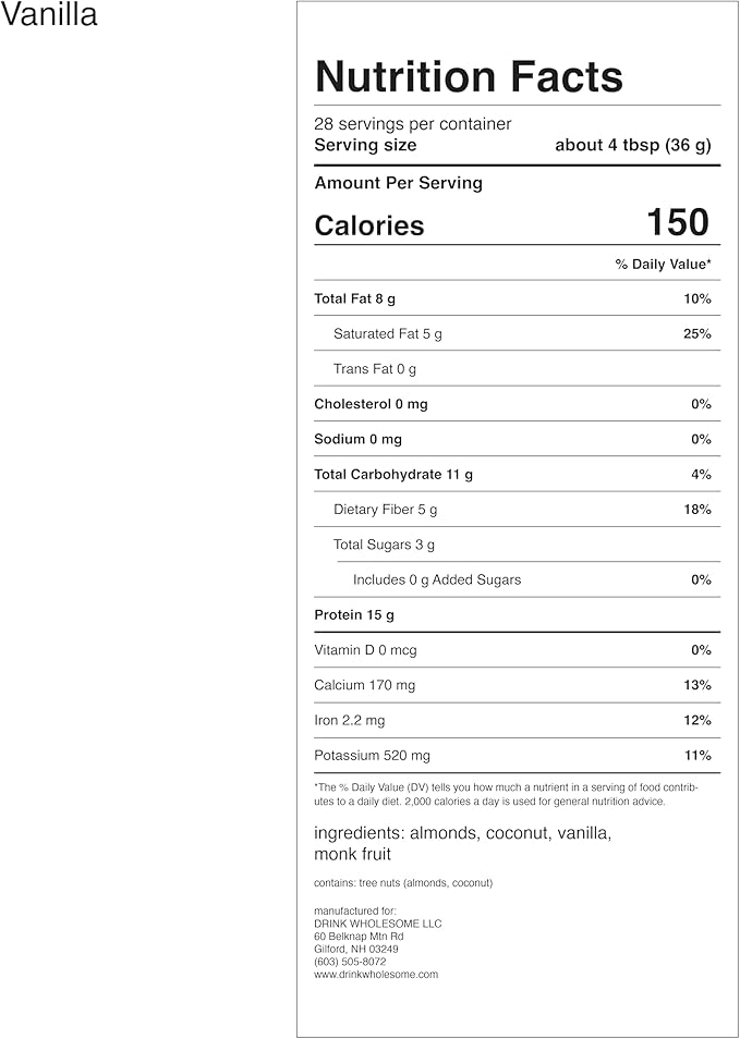 drink wholesome Vegan Vanilla Almond Protein Powder for Sensitive Stomachs | Minimally-Processed Whole-Food Protein | Additive-Free Dairy-Free Gluten-Free | Low Sodium