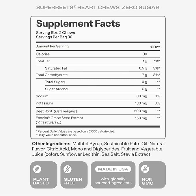 Humann SuperBeets Heart Chews Zero Sugar Nitric Oxide and Blood Pressure Support Grape Seed Extract &amp Non-GMO Beet Root Powder Energy Supplement Pomegranate Berry Flavor 60 Count