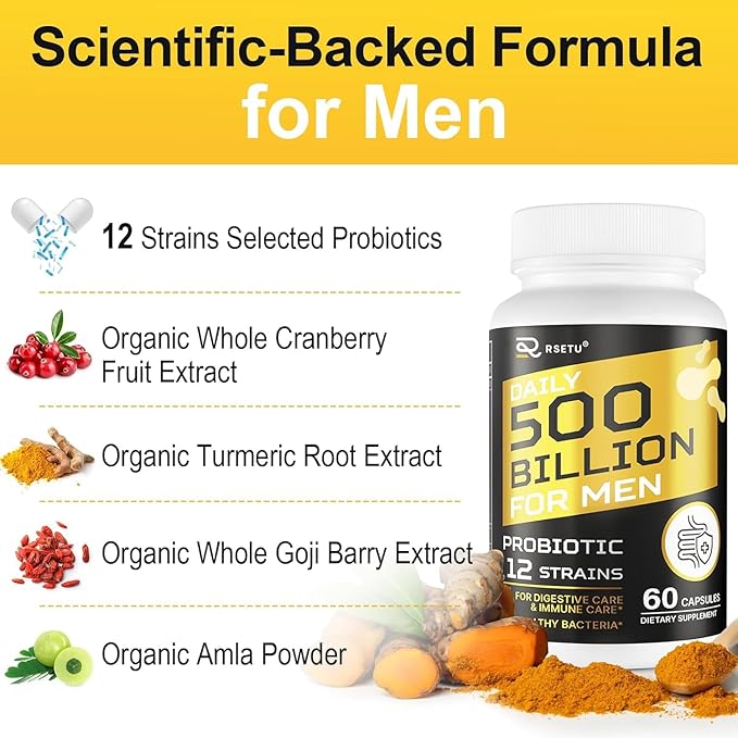 Probiotics for Men 500 Billion CFUs &amp 12 Strains Mens Probiotic with Turmeric Cranberry Goji Gut Health for Men for Digestive Health Gut Bloating &amp Gas Immune Energy Support 60-Day Su