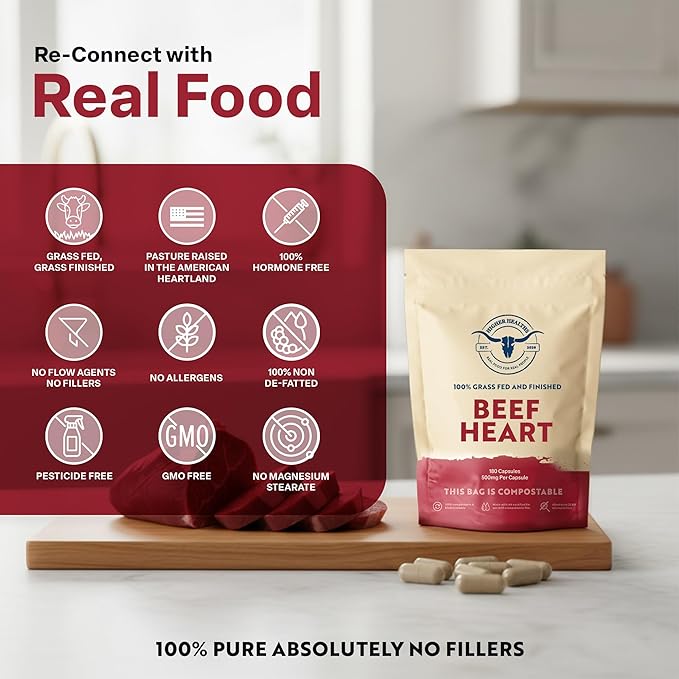100% Beef Heart Supplement - 180 Count Freeze Dried Grass Fed Beef Organs Supplement for Women &amp Men with Omega-3S &amp CoQ10 - Non-GMO No Fillers &amp No Additives - Real Food Sourced &amp