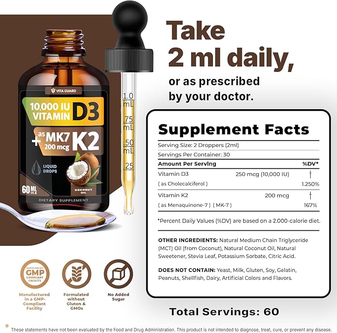 (2 Pack) Vitamin D3 K2 Liquid Drops 10000 IU + 200 mcg MK-7 – High Absorption Sugar-Free Non-GMO Bone &amp Immune Booster Vegan Supplement with Coconut Oil – 60 ml (2 oz)
