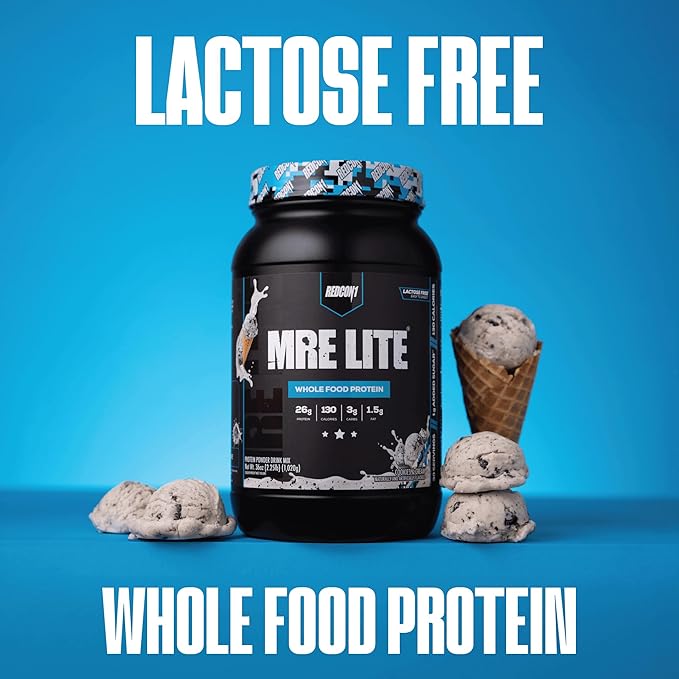 REDCON1 MRE LITE Whole Food Protein Powder Cookies &amp Cream - Lactose Free Meal Replacement with Animal Protein Blends - Easy to Digest Formula - Only 3g Carb per Serving (30 Servings)