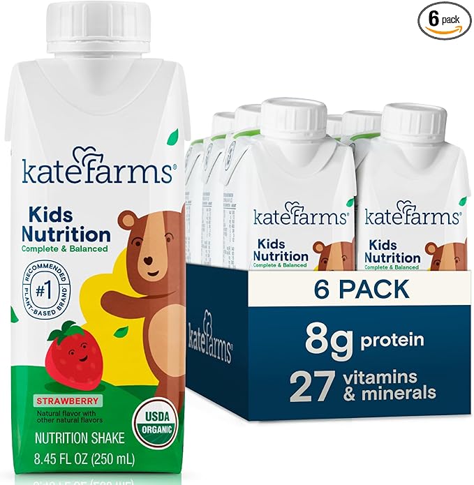 KATE FARMS Organic Kids Nutrition Strawberry Shake 8g Protein 27 Vitamins and Minerals Meal Replacement Gluten Free Non-GMO 8.45 oz (6 Pack)