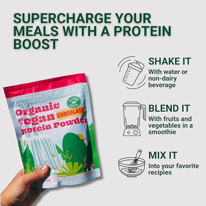Sacred Lotus Vegan Protein Powder | Organic Chocolate Plant-Based Protein | Brown Rice &amp Pea Protein Blend | No Dairy Soy or Added Sugar | 18g Protein Per Serving | 19 Servings |15.4 oz