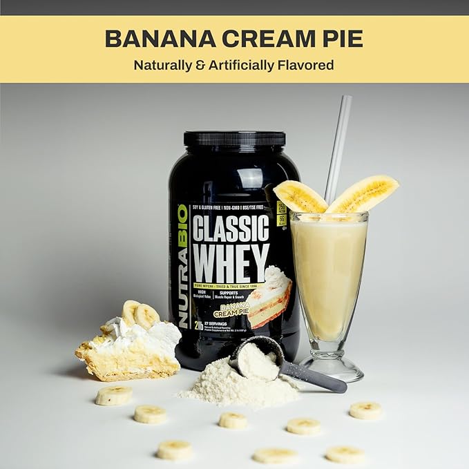 NutraBio Classic Whey Protein Powder- 25G Protein Per Scoop - Full-Spectrum Amino Acid Profile - No Fillers Artificial Colors Preservatives - (Banana Cream Pie 2 Pounds)