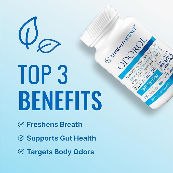 Approved Science Odorol - 180 Capsules - Freshen Bad Breath and Body Odor - Contains L.acidophilus Green Tea Magnolia Bark Peppermint Oil and Fennel - Pack of 1