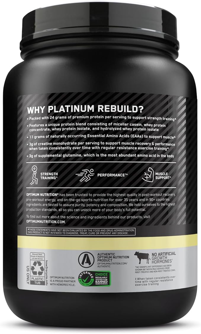 Optimum Nutrition Platinum Rebuild Premium Platinum Blend Protein Powder with Creatine Vanilla Buttercream 20 Servings