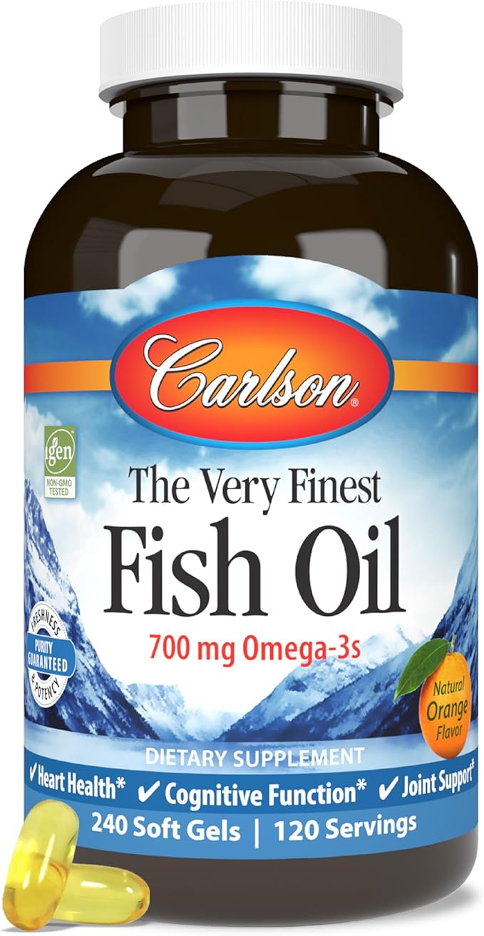 Carlson - The Very Finest Fish Oil 700 mg Omega-3s Norwegian Wild-Caught Fish Oil Sustainably Sourced Fish Oil Capsules Orange 240 Softgels
