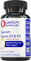 Quantum Nutrition Labs Vitamin D3 and K2 Supplement - Bone &amp Heart Health Support for Women &amp Men 5000 IU Vegan Vitamins Allows Calcium Absorption Gluten-Free - 30 Plant Based Capsules