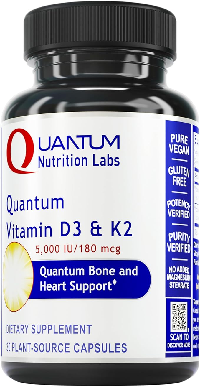 Quantum Nutrition Labs Vitamin D3 and K2 Supplement - Bone &amp Heart Health Support for Women &amp Men 5000 IU Vegan Vitamins Allows Calcium Absorption Gluten-Free - 30 Plant Based Capsules