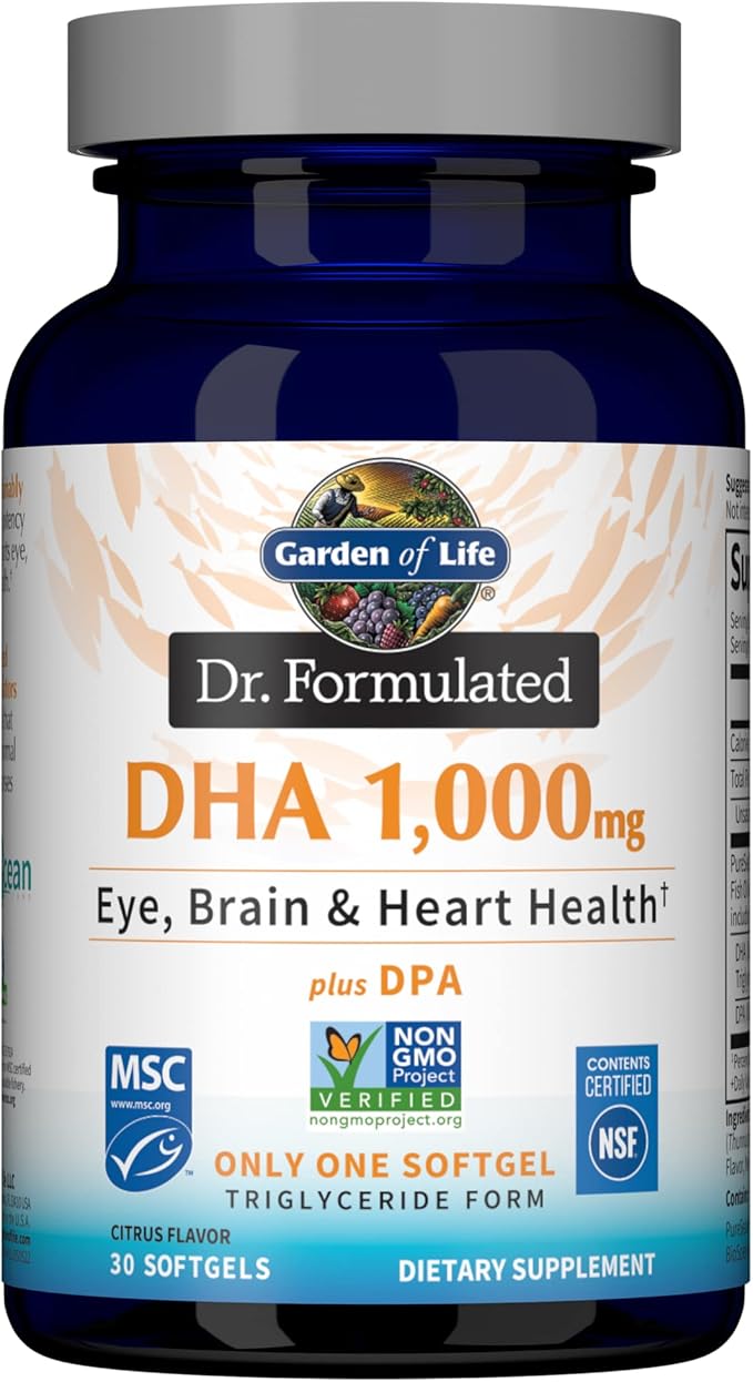 Garden of Life Dr. Formulated DHA 1000mg Fish Oil - Lemon Once Daily 1000mg DHA + DPA in Triglyceride Form Single Source Omega 3 Supplement for Ultimate Eye Brain &amp Heart Health 30 Softgels